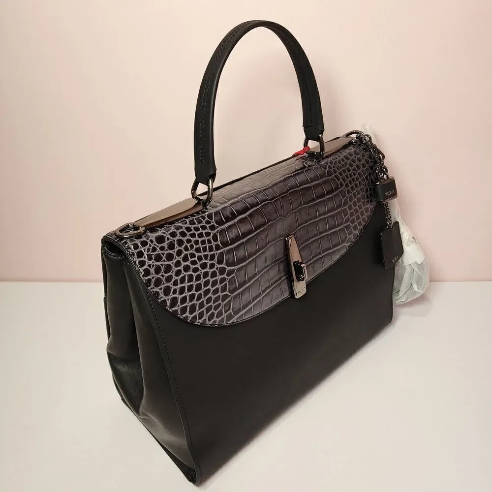 NWT Tumi Mezzanine RIVERA Crocodile Embossed Leather Satchel GREY